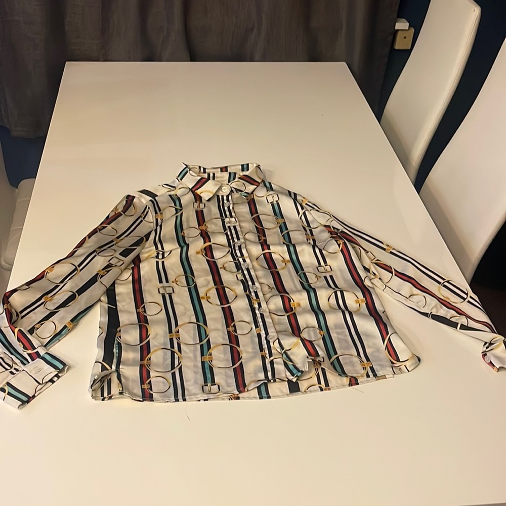 Fashion Nova, patterned button down shirt, Large